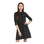 Seduva Women's Polyester Checkered Roll Up Sleeve Above Knee Dress (Black - White)