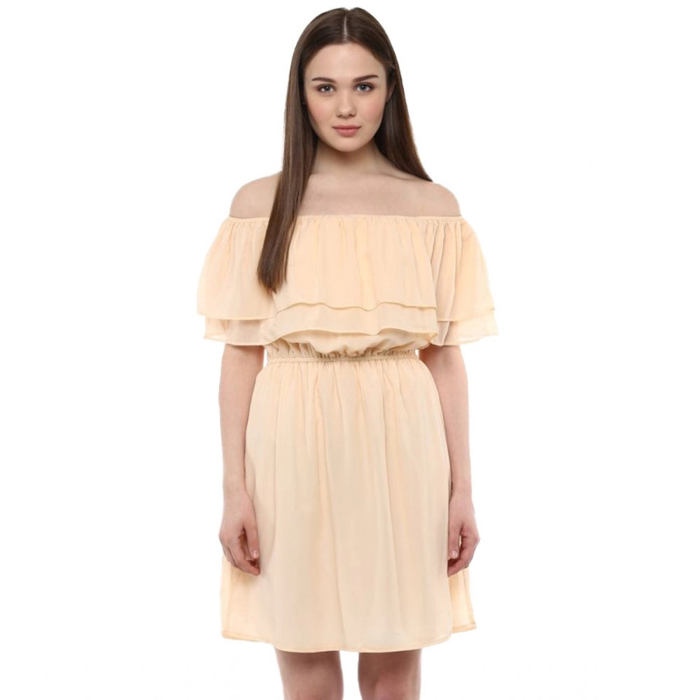 Seduva Women's Polyester Solid Sleeveless Knee-Length Dress (Beige)