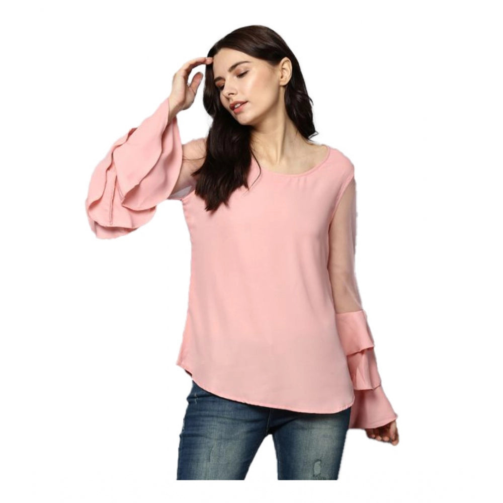 Seduva Women's Polyester Solid Tier Sleeve Top (Pink)