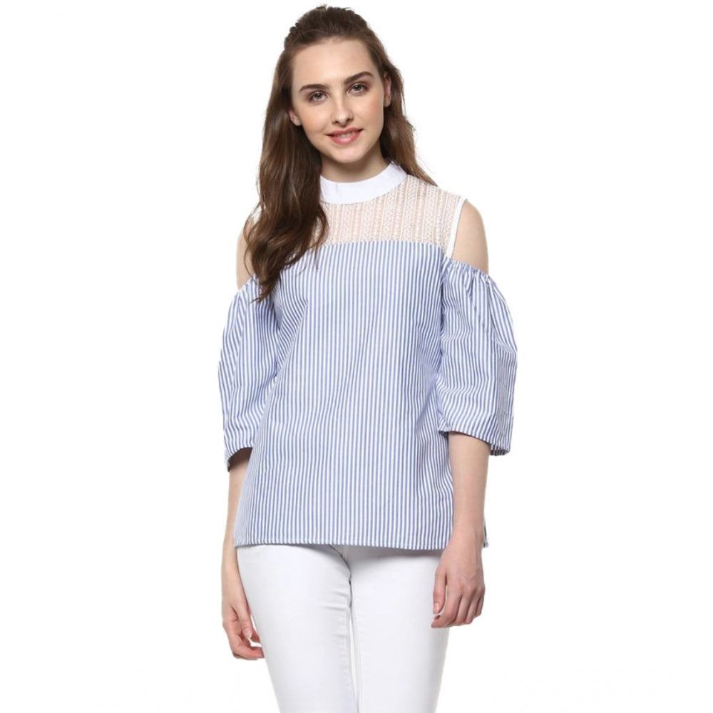 Seduva Women's Cotton Striped Cold Shoulder Top (Blue)