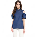 Seduva Women's Denim Solid Cold Shoulder Regular Top (Blue)