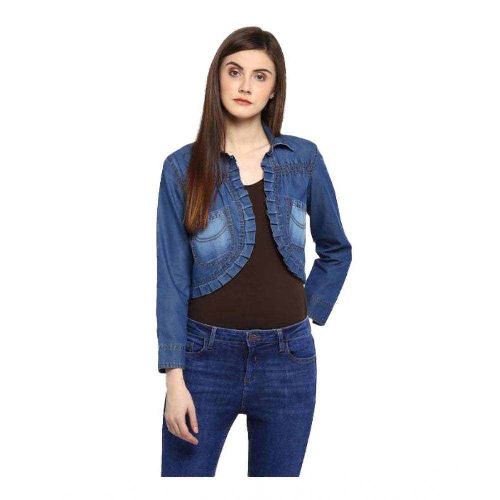 Seduva Women's Denim Pleated 3-4th Sleeves Shrug (Blue)