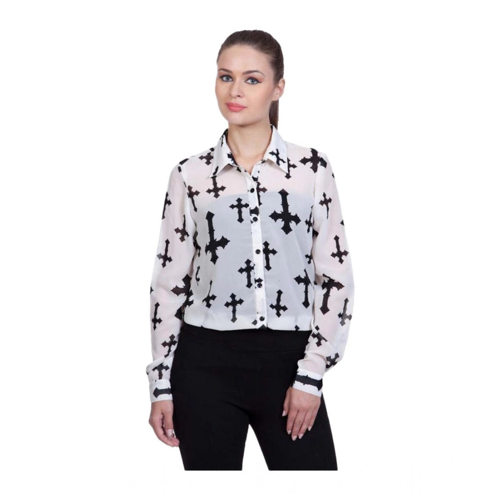 Seduva Women's Polyester Printed Long Sleeves Standard Length Shirt (White)