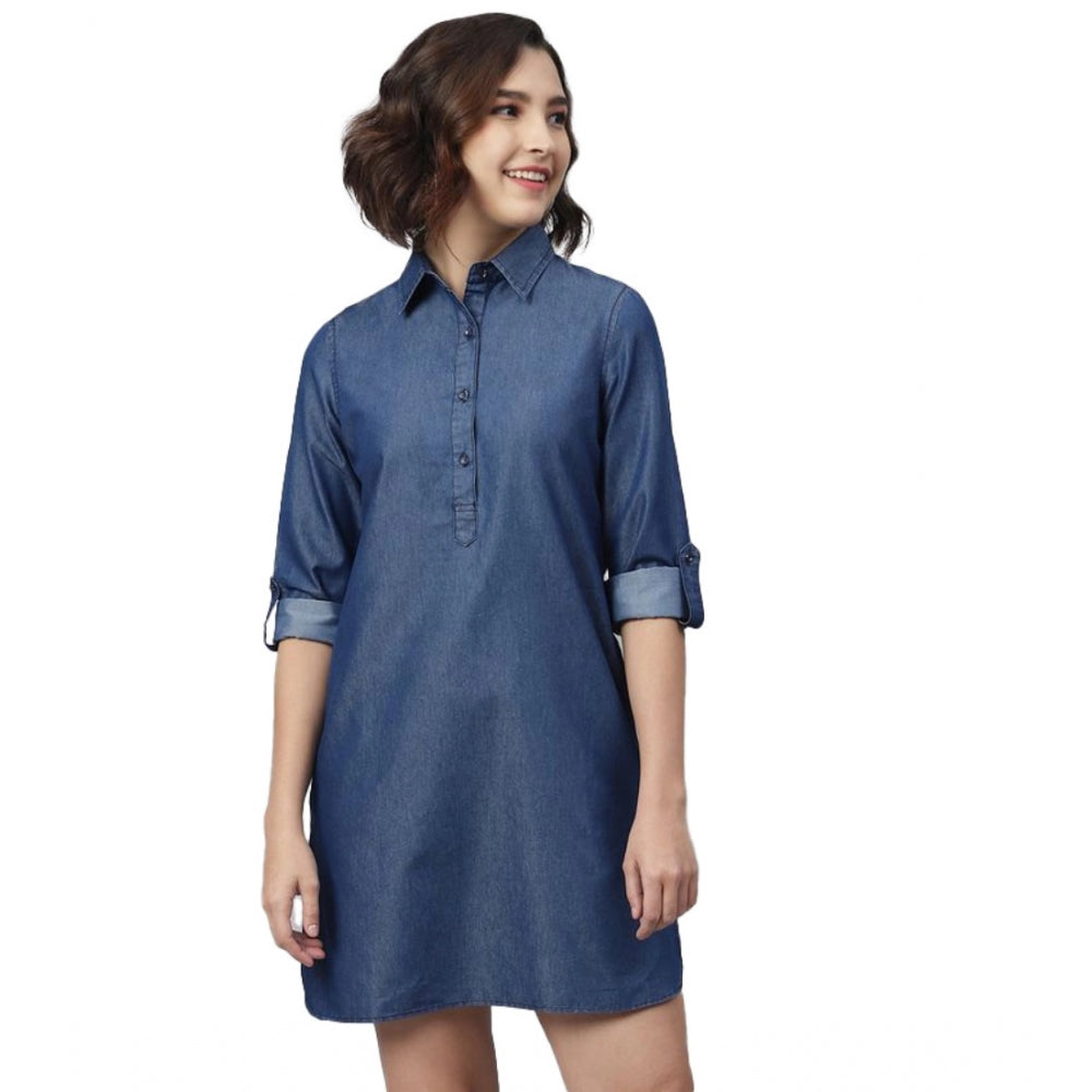 Seduva Women's Denim Solid Long Sleeves Above Knee Dress (Navy Blue)