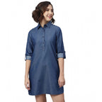 Seduva Women's Denim Solid Long Sleeves Above Knee Dress (Navy Blue)