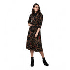 Seduva Women's Polyester Chain Print Roll Up Sleeve Below Knee Dress (Black - Yellow)