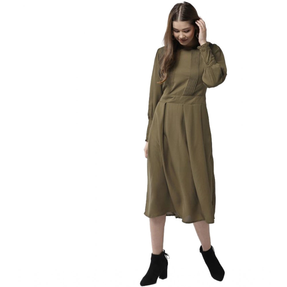 Seduva Women's Polyester Pintuck Long Sleeves Below Knee Dress (Olive)