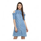 Seduva Women's Denim Solid Cold Shoulder Above Knee Dress (Blue)