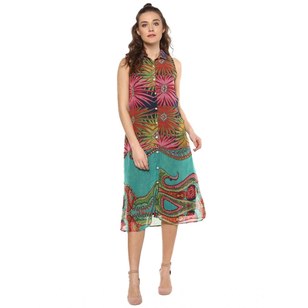 Seduva Women's Polyester Floral Sleeveless Below Knee Dress (Multicolor)