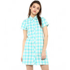 Seduva Women's Rayon Checkered Short Sleeve Above Knee Dress (SkuBlue - White)