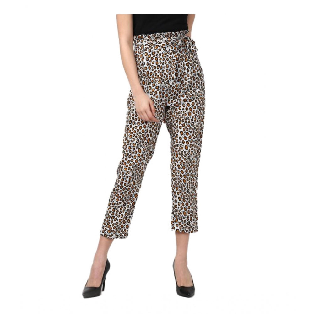 Seduva Women's Polyester Animal Print Elasticated Trousers (White - Yellow)