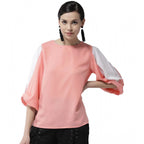 Seduva Women's Polyester Colour Block Slit Sleeve Top (Pink)