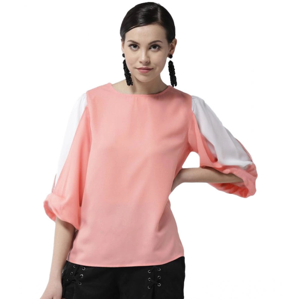 Seduva Women's Polyester Colour Block Slit Sleeve Top (Pink)