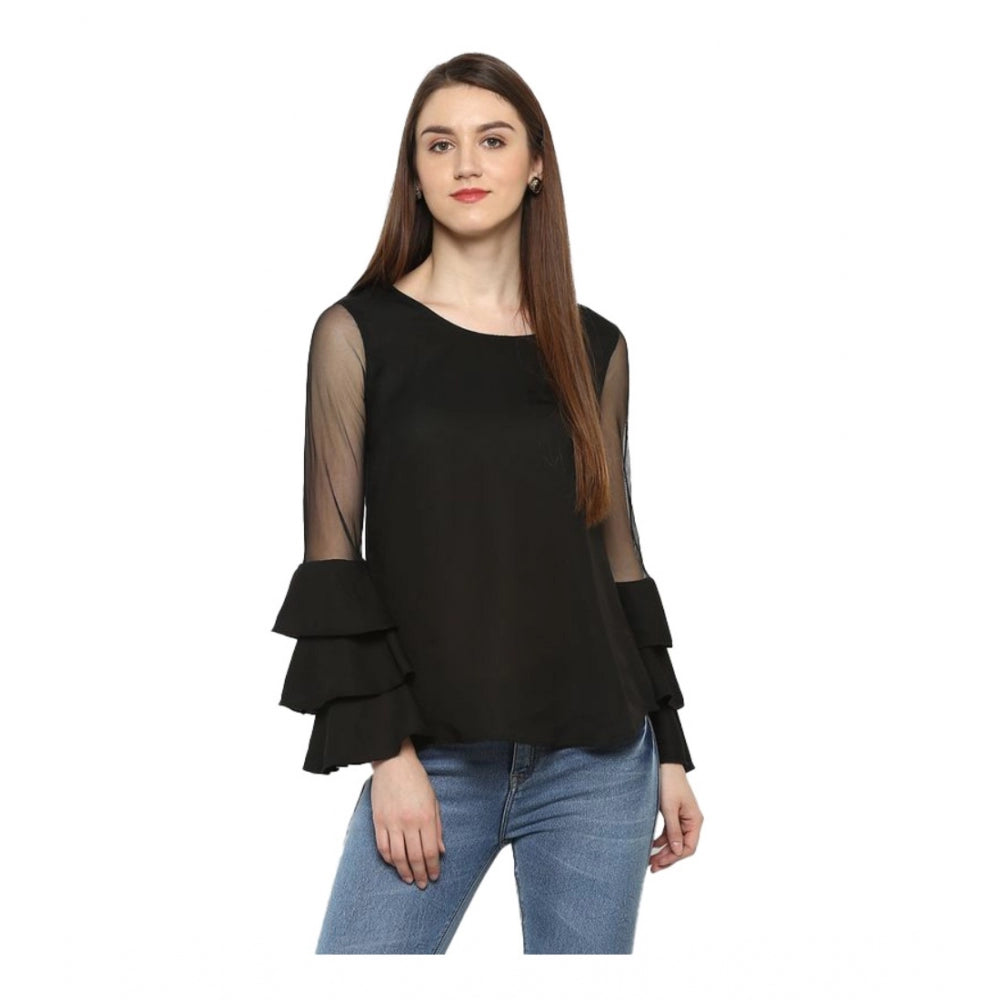 Seduva Women's Polyester Solid Tier Sleeve Top (Black)