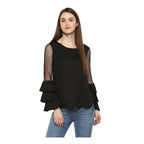 Seduva Women's Polyester Solid Tier Sleeve Top (Black)
