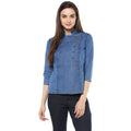 Seduva Women's Denim Solid 3-4th Sleeves Regular Top (Blue)