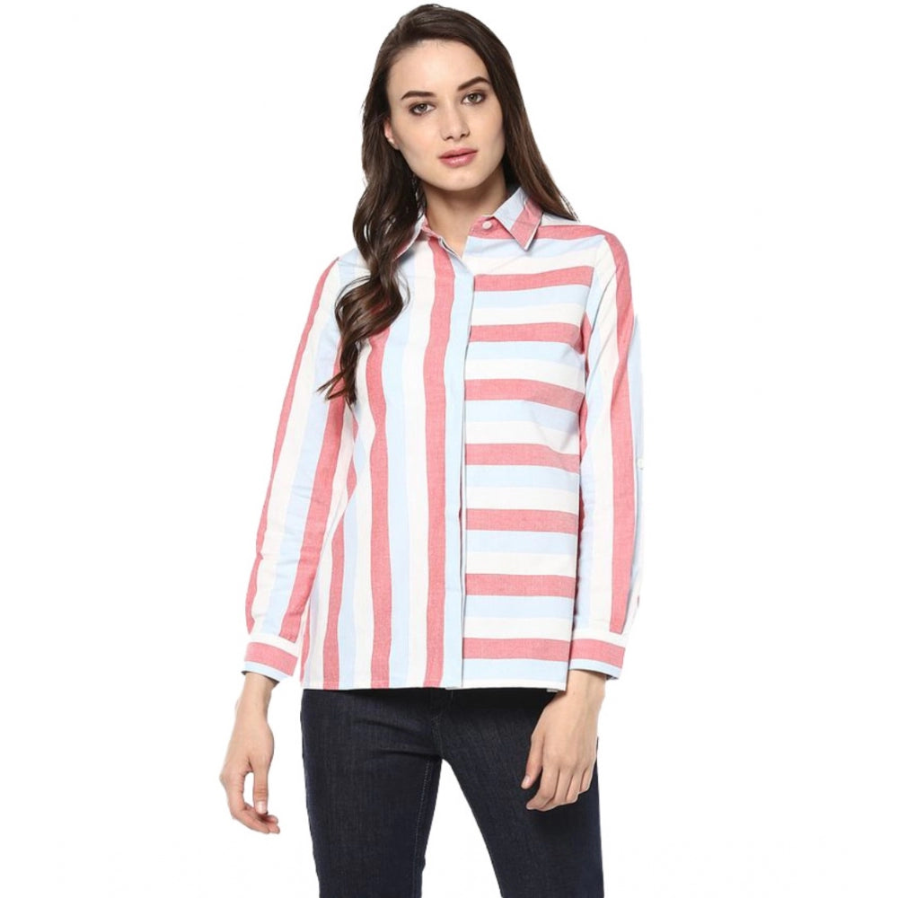 Seduva Women's Cotton Striped Roll Up Sleeve Regular Top (Red)