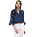 Seduva Women's Polyester Solid Bell Sleeve Regular Top (Blue)