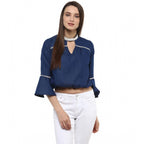 Seduva Women's Polyester Solid Bell Sleeve Regular Top (Blue)
