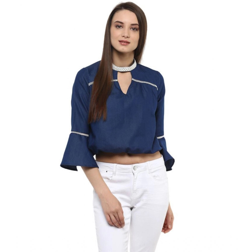 Seduva Women's Polyester Solid Bell Sleeve Regular Top (Blue)