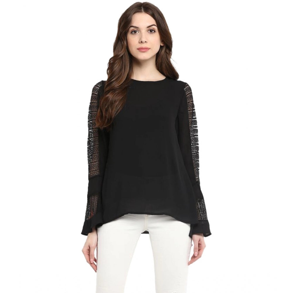 Seduva Women's Polyester Georgette Self Design Bell Sleeve Regular Top (Black)
