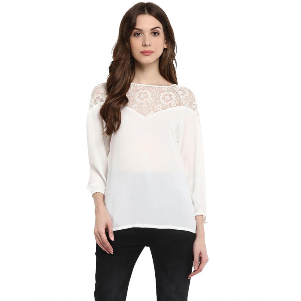 Seduva Women's Polyester Georgette Self Design 3-4th Sleeves Regular Top (White)