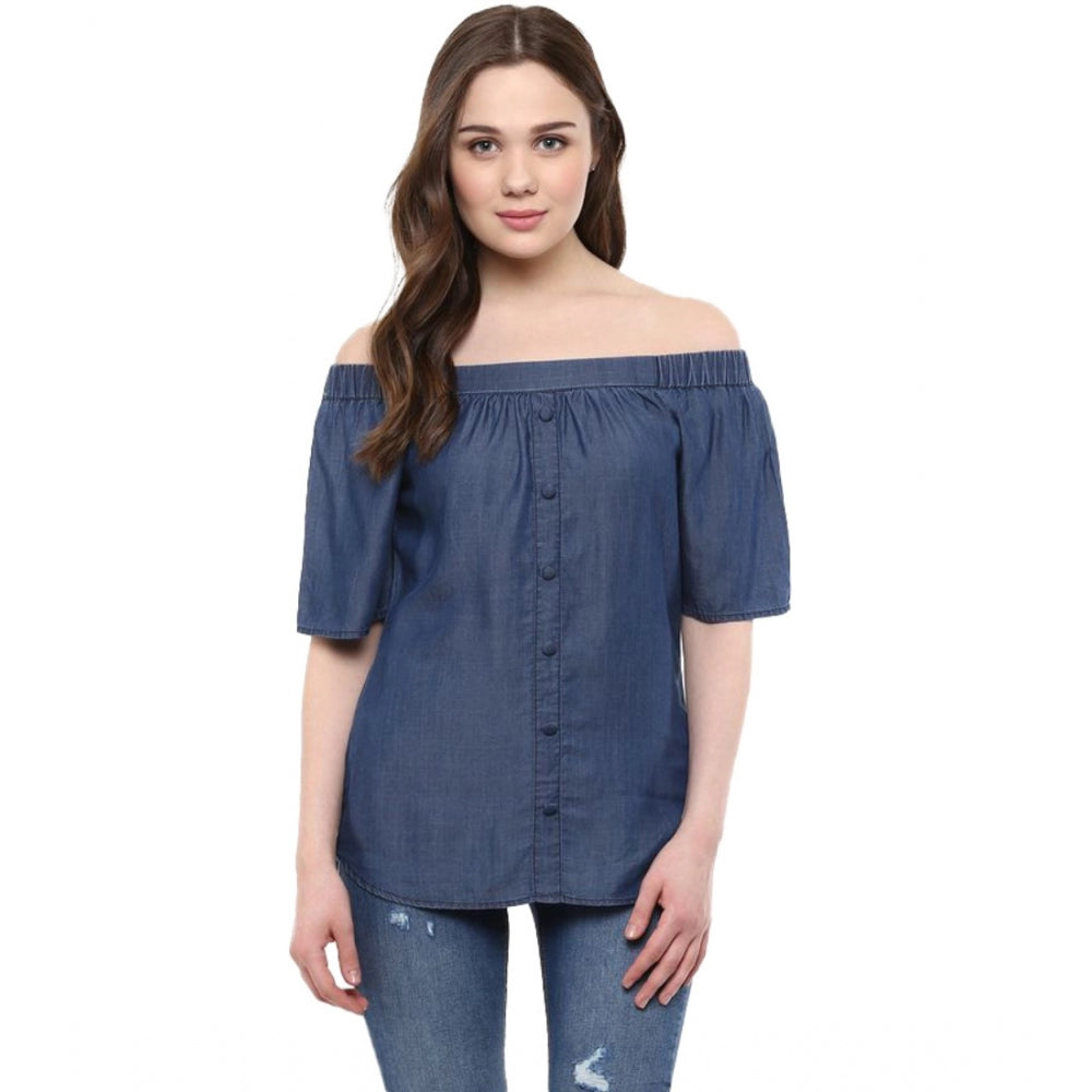 Seduva Women's Denim Solid Short Sleeve Regular Top (Blue)