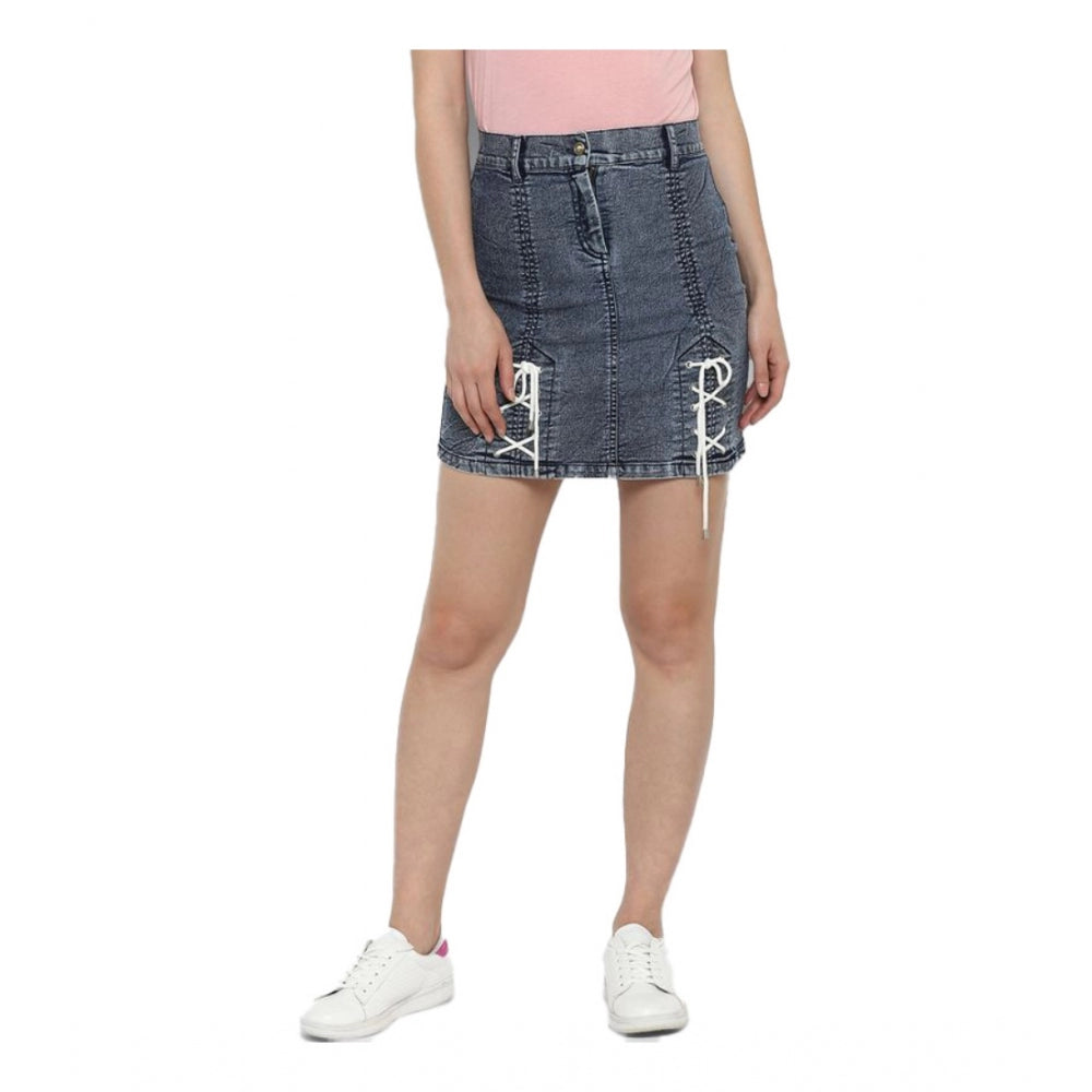 Seduva Women's Denim Tie Up Buttoned Skirt (Blue)