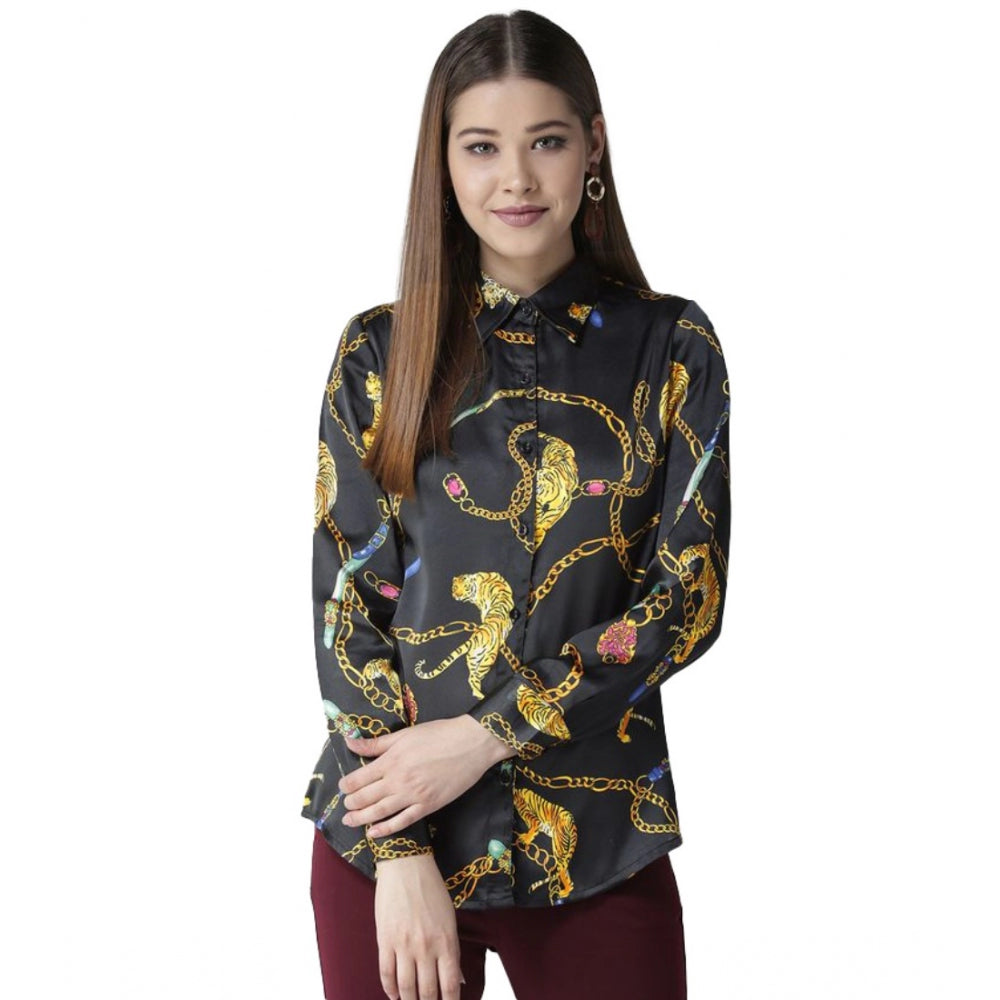 Seduva Women's Satin Printed Long Sleeves Standard Length Shirt (Black - Gold)
