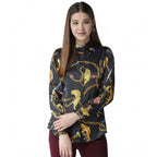 Seduva Women's Satin Printed Long Sleeves Standard Length Shirt (Black - Gold)