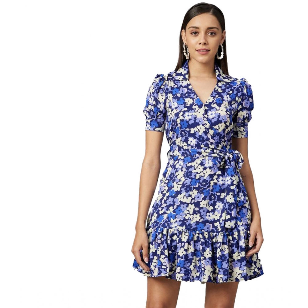Seduva Women's Polyester Floral Short Sleeve Above Knee Dress (Blue - Purple)