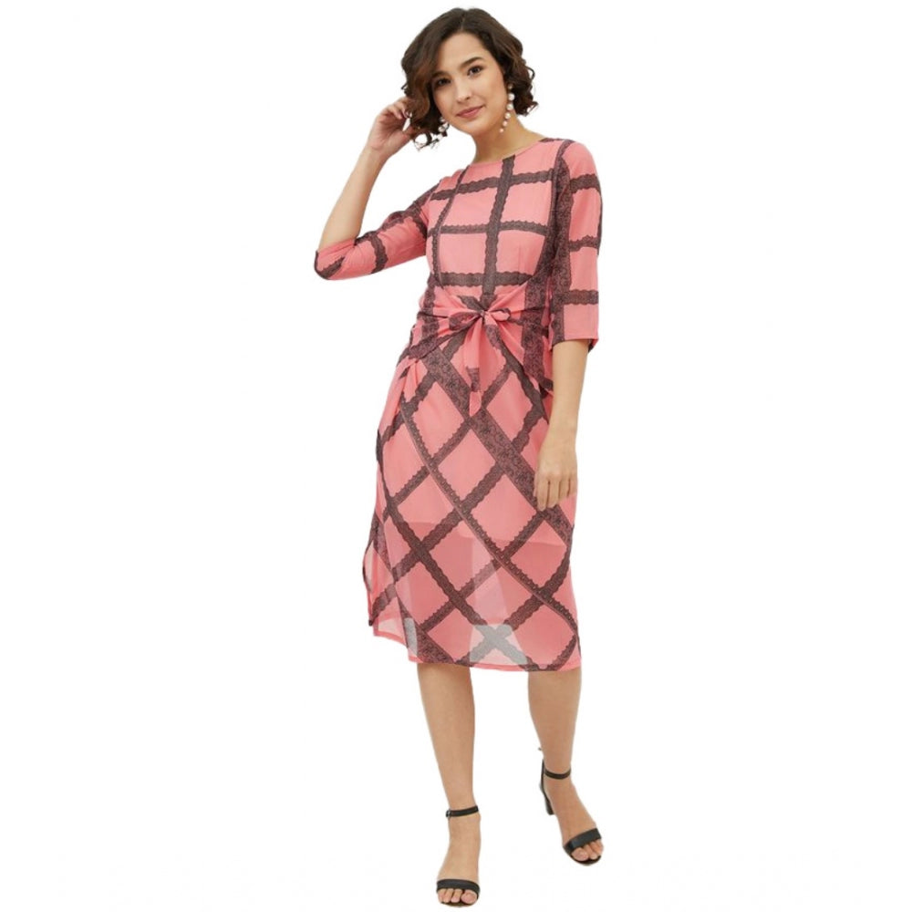 Seduva Women's Polyester Checkered 3-4th Sleeves Below Knee Dress (Pink)
