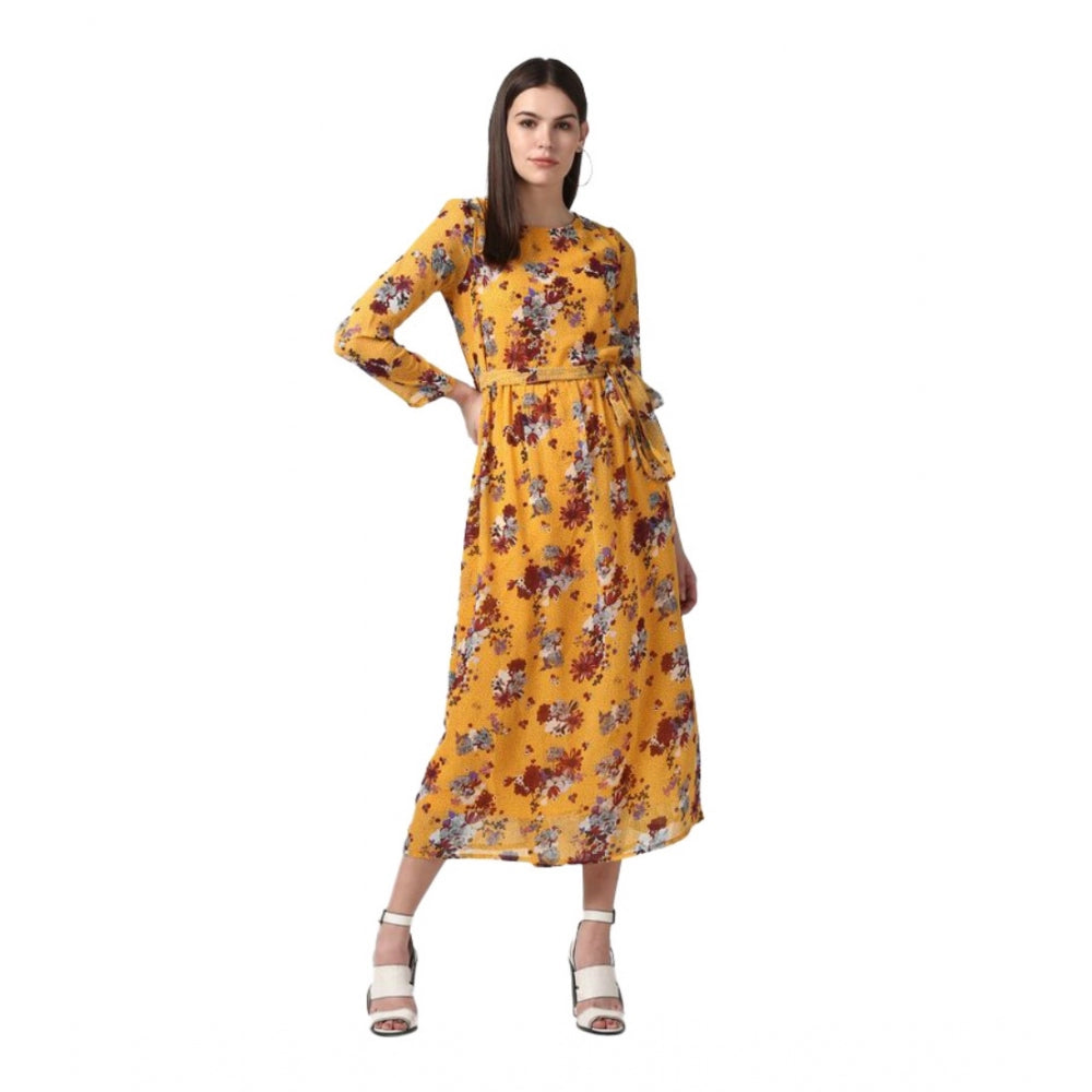 Seduva Women's Polyester Floral Long Sleeves Calf-length Dress (Yellow)