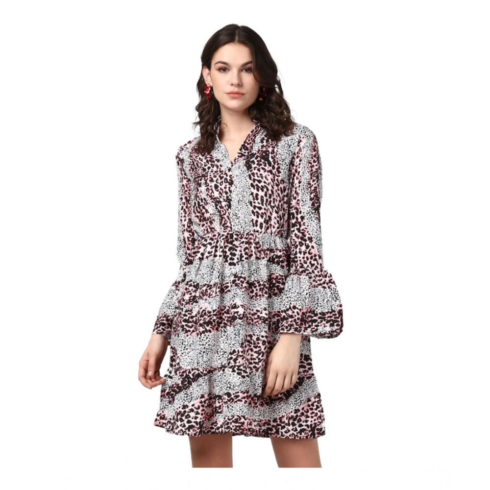 Seduva Women's Polyester Animal Print Bell Sleeve Above Knee Dress (Pink - Black)