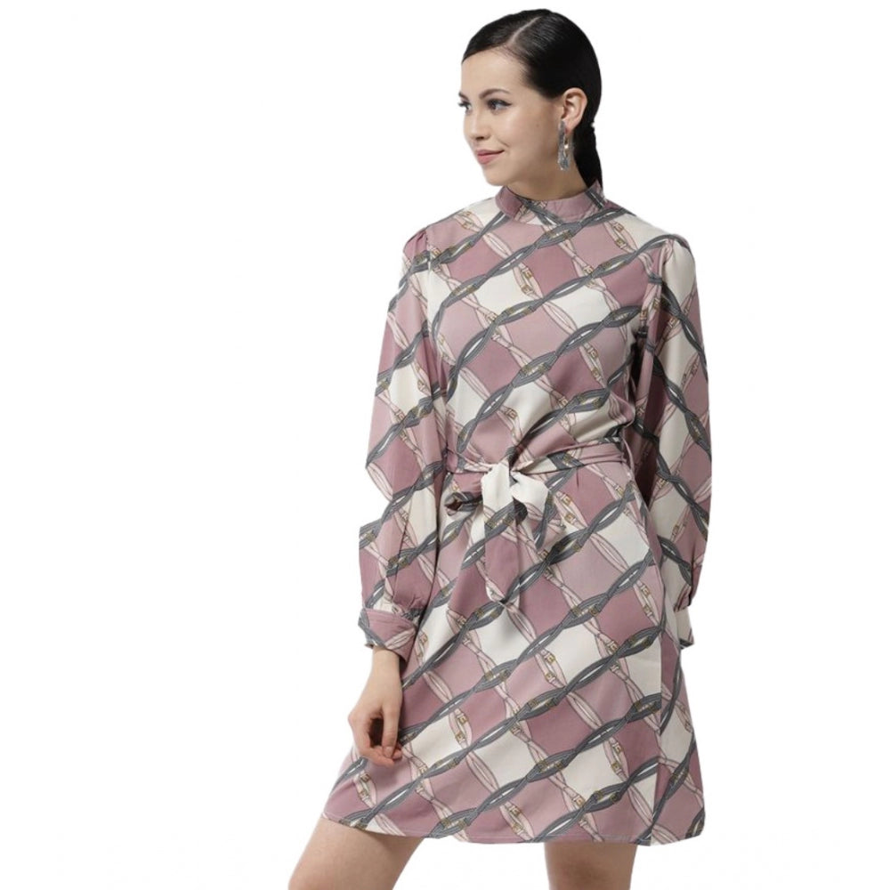 Seduva Women's Polyester Checkered Long Sleeves Above Knee Dress (Off White - Lavender)