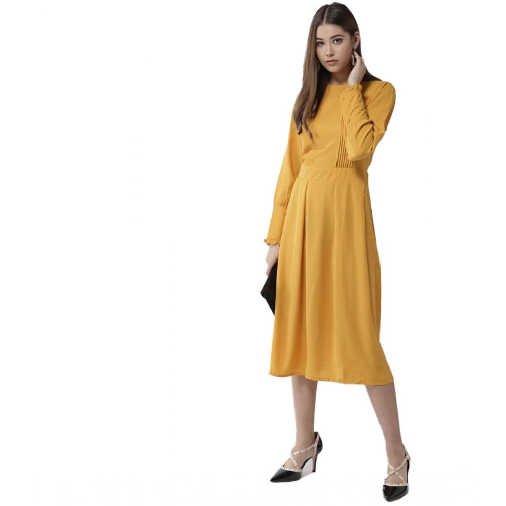 Seduva Women's Polyester Pintuck Long Sleeves Below Knee Dress (Yellow)