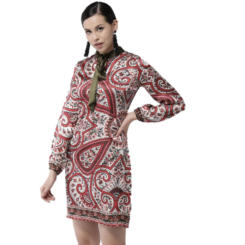 Seduva Women's Polyester Printed Long Sleeves Above Knee Dress (Red)