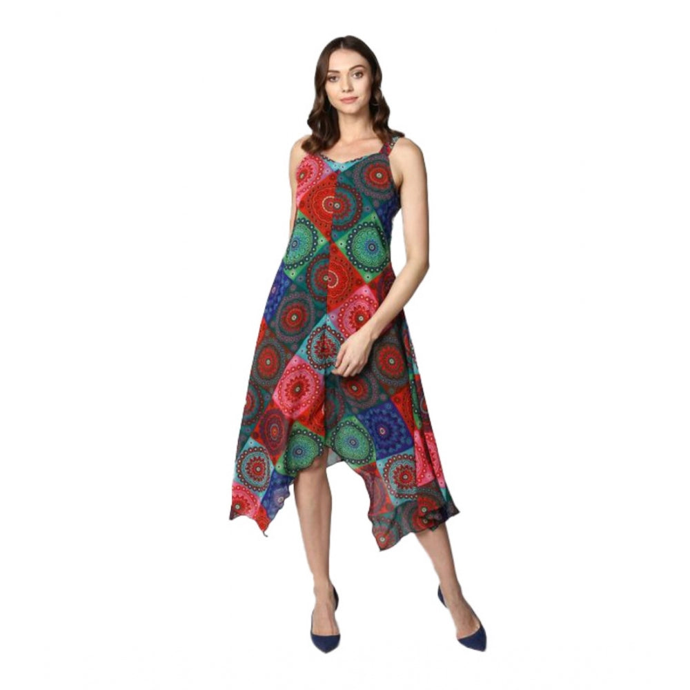 Seduva Women's Polyester Asymmetrical Shoulder Straps Knee-Length Dress (Multicolor)