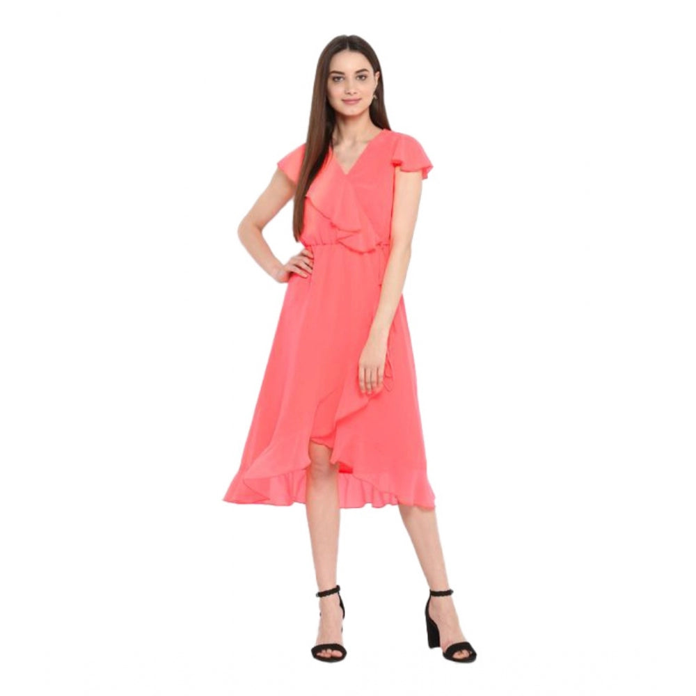 Seduva Women's Polyester Ruffled Cap Sleeve Below Knee Dress (Coral Pink)