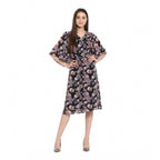 Seduva Women's Polyester Floral Short Sleeve Knee-Length Dress (Black - Multicolor)