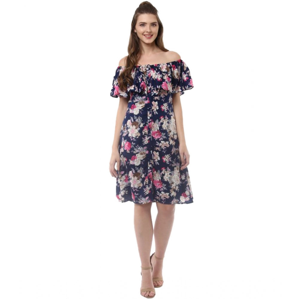 Seduva Women's Polyester Crepe Floral Half Sleeve Above Knee Dress (Navy Blue)