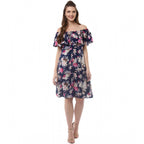 Seduva Women's Polyester Crepe Floral Half Sleeve Above Knee Dress (Navy Blue)