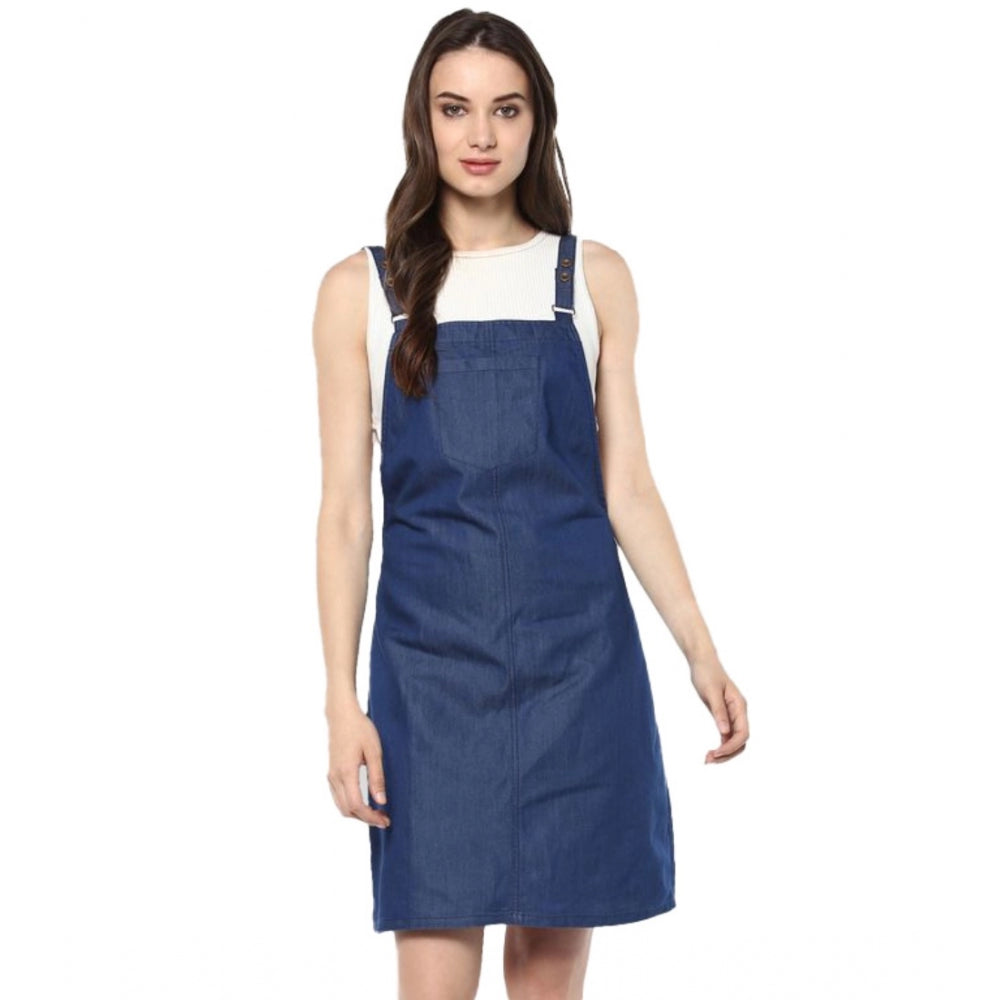 Seduva Women's Denim Solid Shoulder Straps Above Knee Dress (Blue)