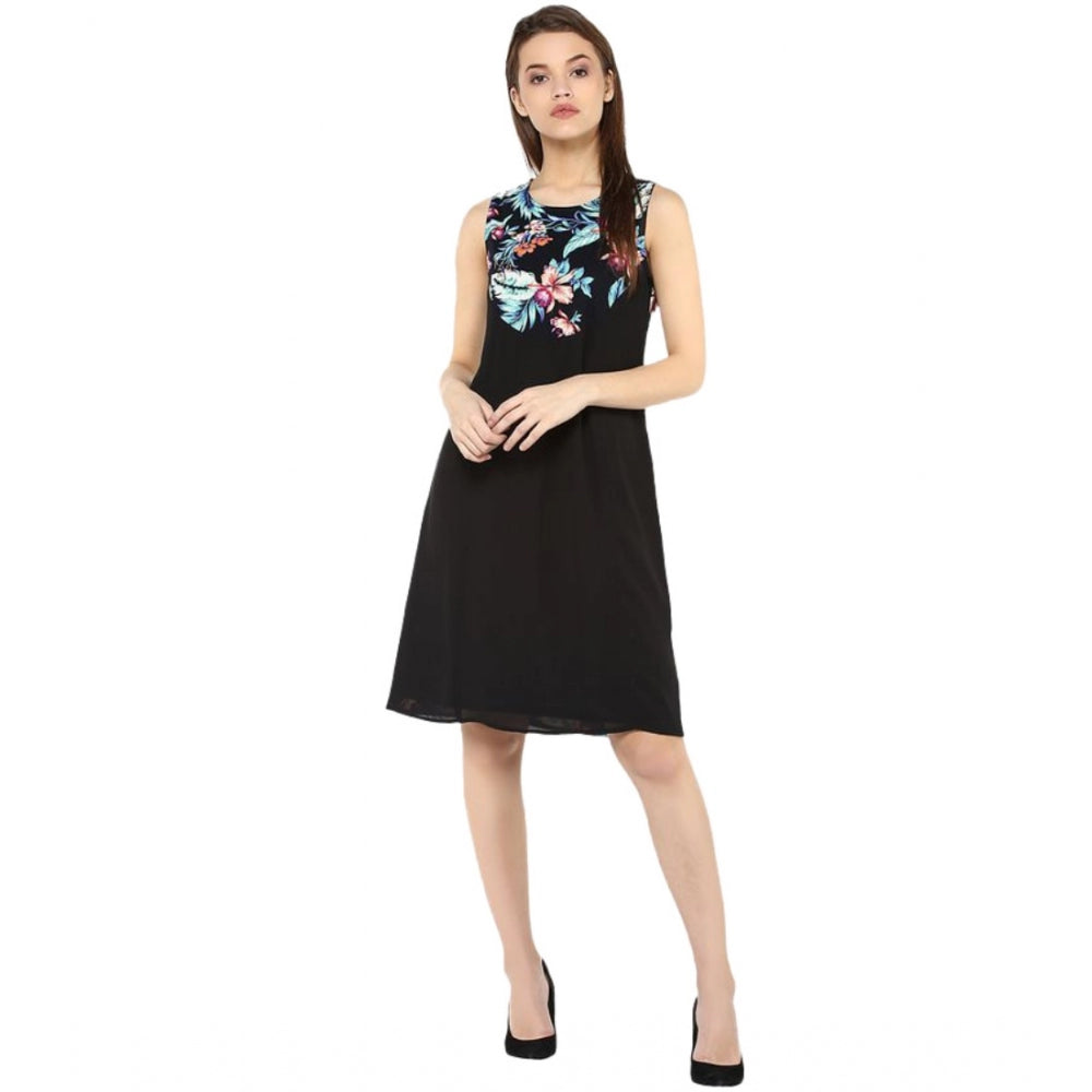 Seduva Women's Polyester Printed Sleeveless Above Knee Dress (Black - Multicolor)