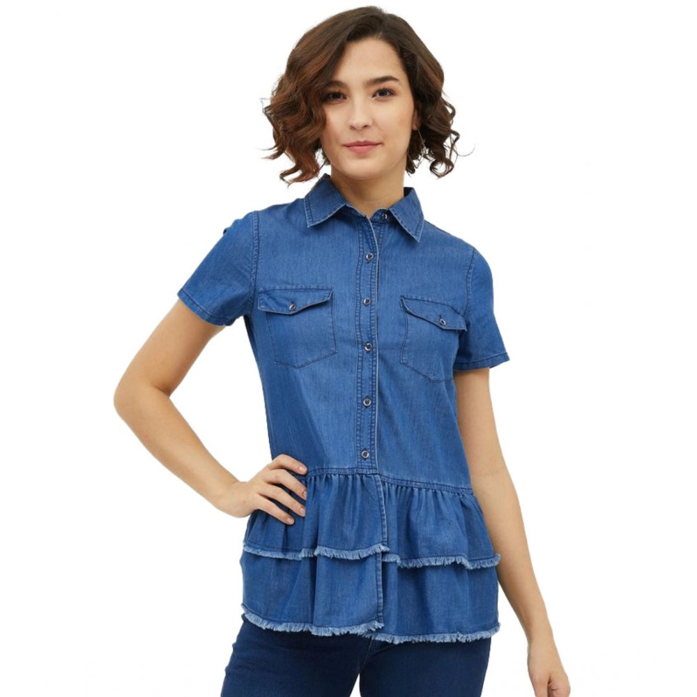 Seduva Women's Denim Peplum Short Sleeve Top (Blue)