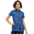 Seduva Women's Denim Peplum Short Sleeve Top (Blue)