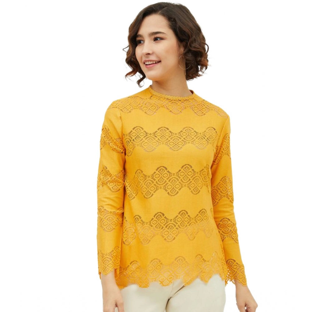 Seduva Women's Cotton Lace Inserts Long Sleeves Top (Yellow)