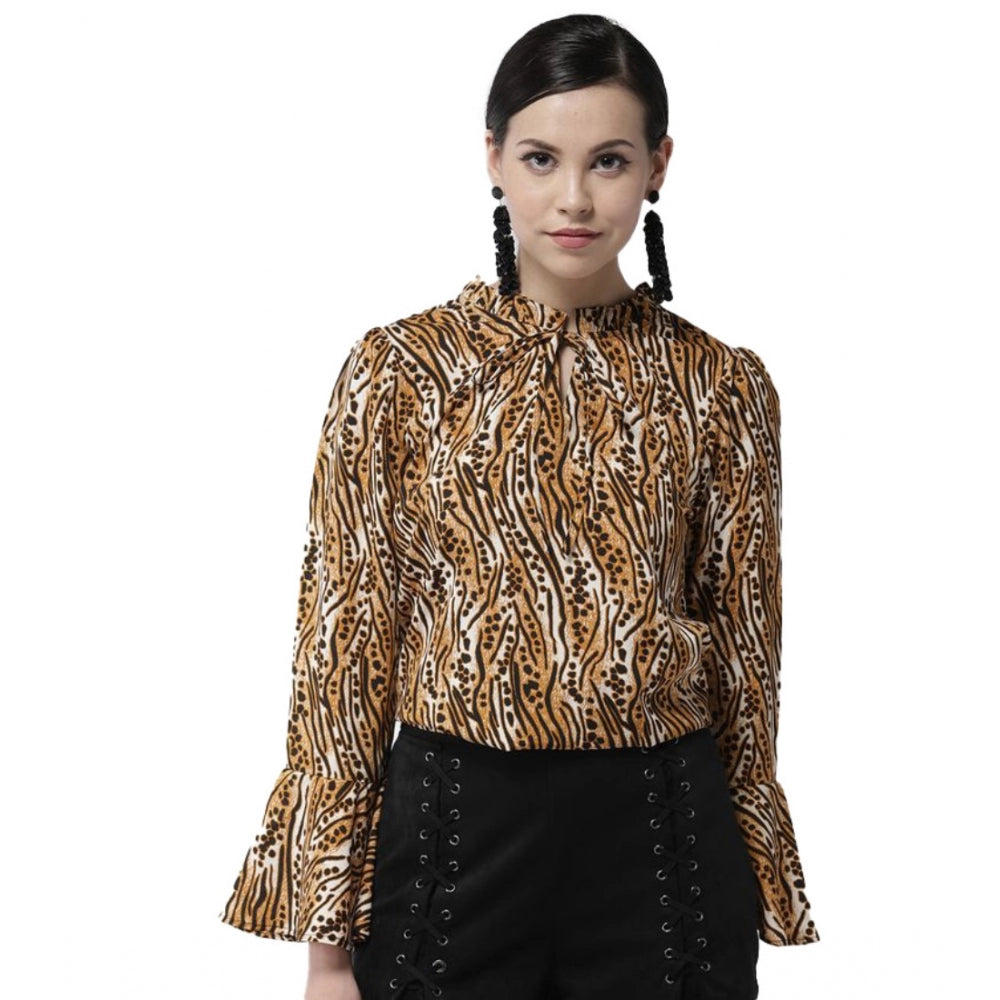 Seduva Women's Polyester Printed Bell Sleeve Top (Orange - Black)