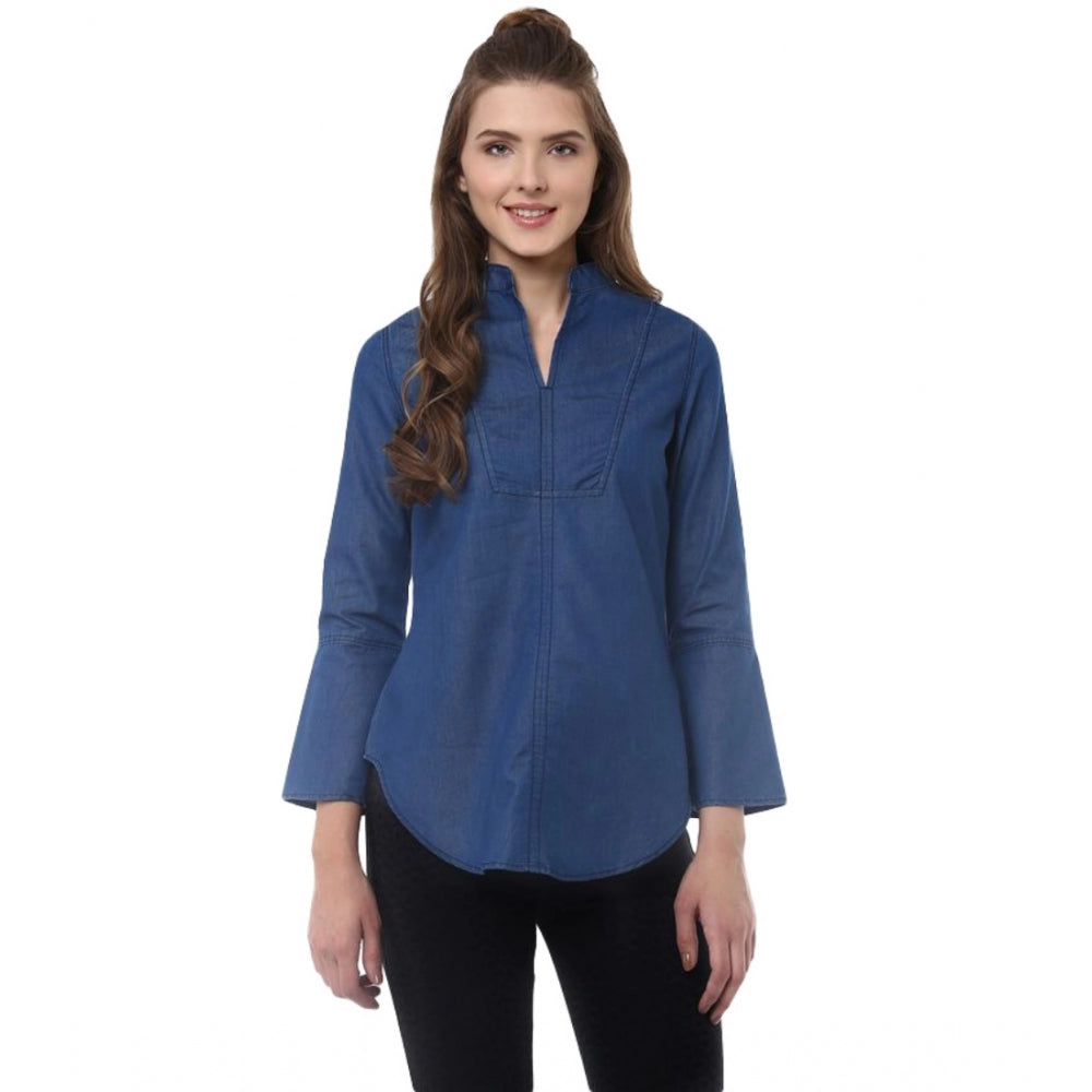 Seduva Women's Denim Solid Bell Sleeve Regular Top (Blue Denim)