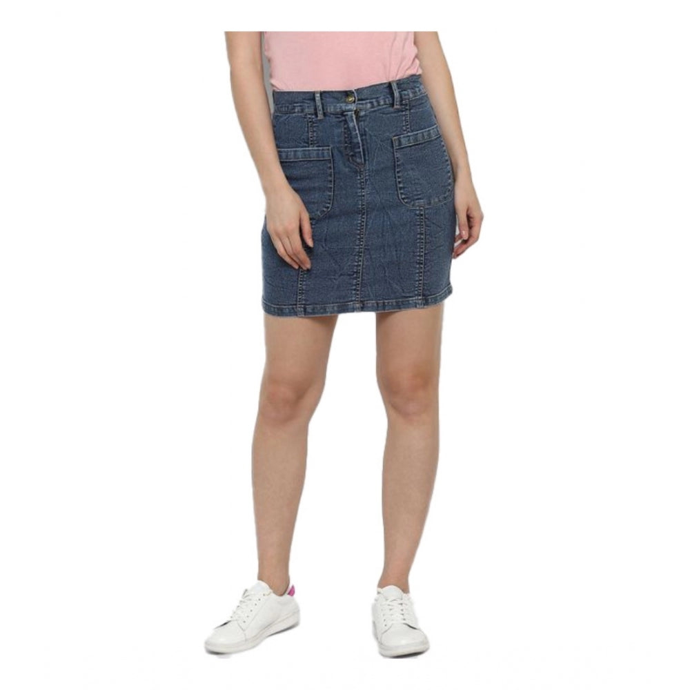 Seduva Women's Denim Front Pocket Buttoned Skirt (Blue)